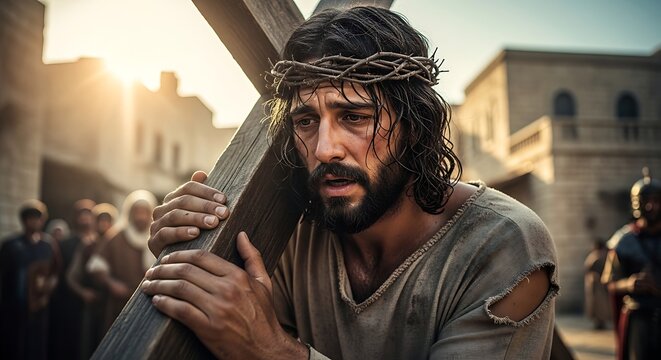 Jesus Christ carrying wooden cross.