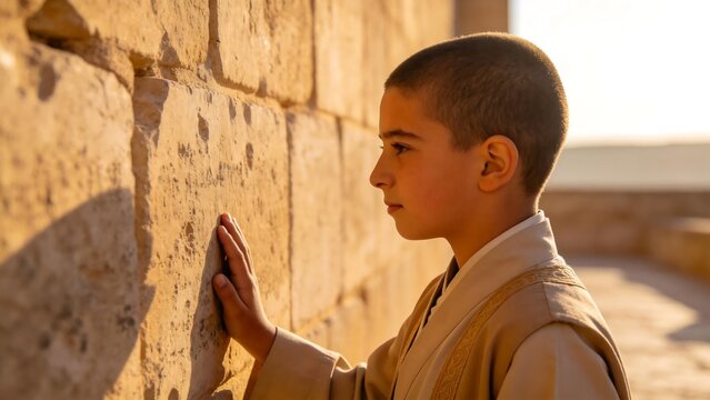 Young boy touching stone wall