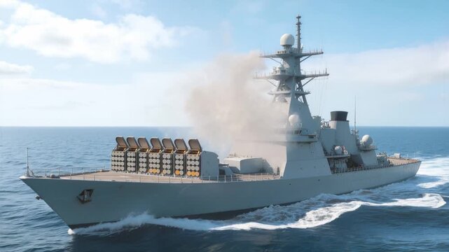 Naval destroyer firing multiple missiles from deck launchers at sea. Panning and tilting camera movement.