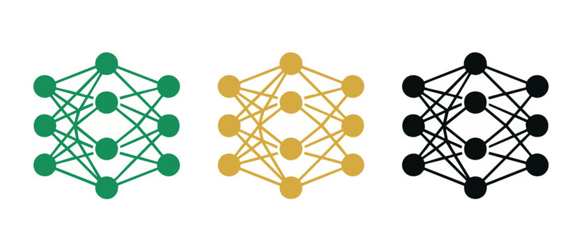 Neural Network Icons Set, Deep Learning Architecture Diagram, Vector Artificial Intelligence Symbols, Connected Nodes and Layers Concept for Data Science and Machine Learning Technology Visualizations