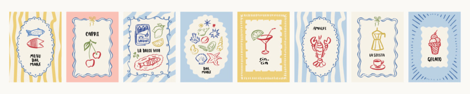 Italy summer food posters. Mediterranean cuisine vector poster collection. Italian food lemon fish postcards. Vintage Amalfi coast illustration. Whimsical frame kitchen prints. Lobster pasta menu set