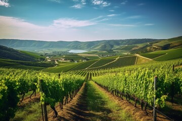 Fototapeta premium Vineyard rows extend across a vibrant green valley with a distant lake under a blue sky
