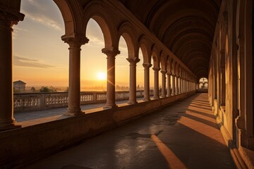 Naklejka premium Ancient architectural colonnade with arches bathed in warm golden hour light