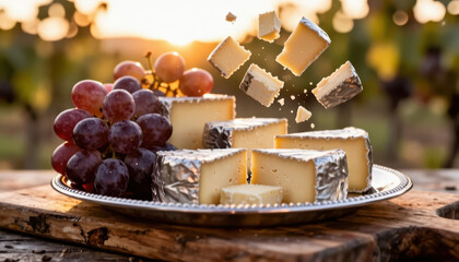 Fototapeta premium a plate of cheese and grapes. The cheese is cut into pieces, with sunlight illuminating the background of a vineyard.