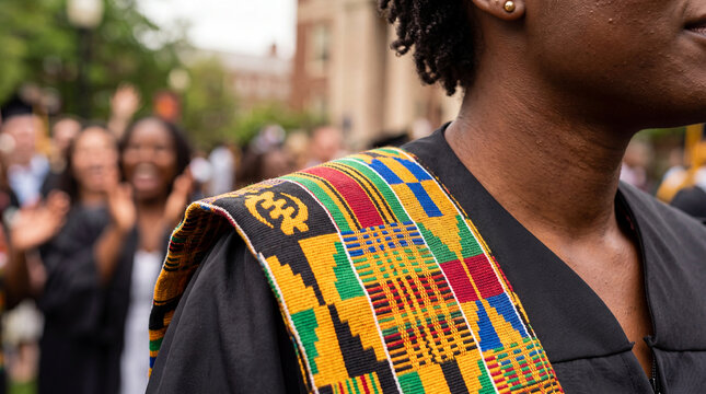 Kente Cloth Stole on Graduation Gown Close Up