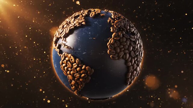 Experience an artistic journey where coffee beans transform into a globe, reflecting the complex beauty and warmth of global coffee culture under a radiant glow.