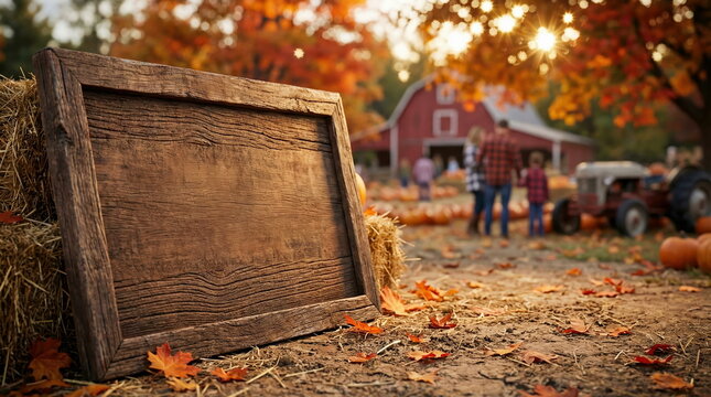 Rustic blank wooden sign in an autumn pumpkin patch, with a blurred family, red barn, and fall foliage at sunset. Ideal copy space.