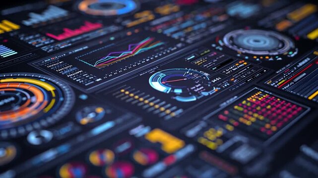Colorful Data Visualization with Charts and Graphs on Dark Background