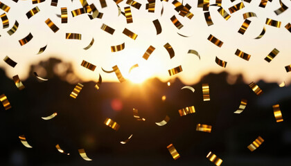 Fototapeta premium Gold confetti falls as the sun sets in the background, creating a festive atmosphere. The golden confetti sparkles against the warm sunset light.
