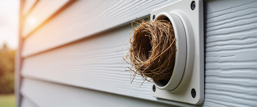 Nest built in dryer vent on exterior wall of house during sunset  