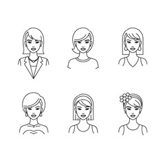 Fototapeta premium Six minimalist line art illustrations of diverse women's busts with various hairstyles and expressions, perfect for avatars or user profiles.
