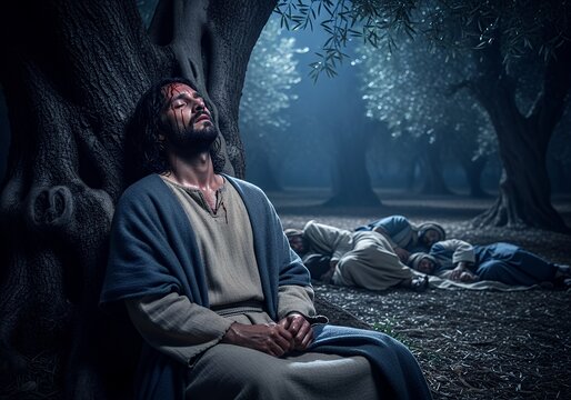 Man in prayerful sorrow with blood on face in forest