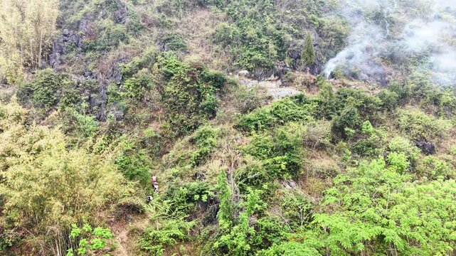  Travel Aerial: Guangxi Hardcore Ancestral Worship, People Carrying Offerings Up Remote Mountain Path 