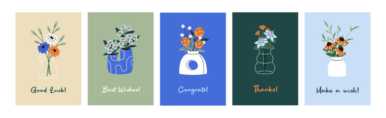 Naklejka premium Set of greeting cards designs with flowers in vases. Postcards with bouquets of wildflowers in glass and ceramic pots. Festive templates with floral decor, cut posies. Flat vector illustrations