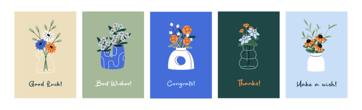 Set of greeting cards designs with flowers in vases. Postcards with bouquets of wildflowers in glass and ceramic pots. Festive templates with floral decor, cut posies. Flat vector illustrations