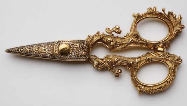 Ornate gold scissors displayed on a white surface