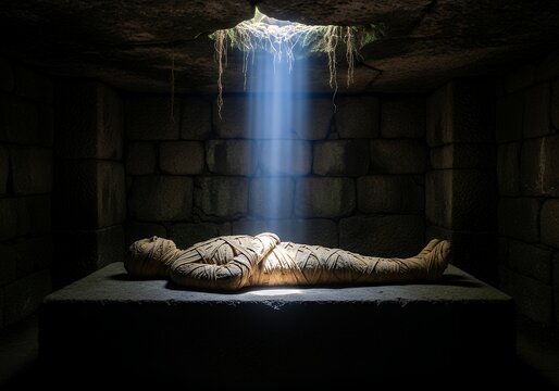 Mummy in ancient stone chamber with sunbeam