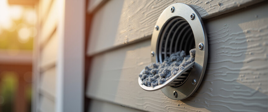 Clogged dryer vent releasing lint outside a house in evening light  