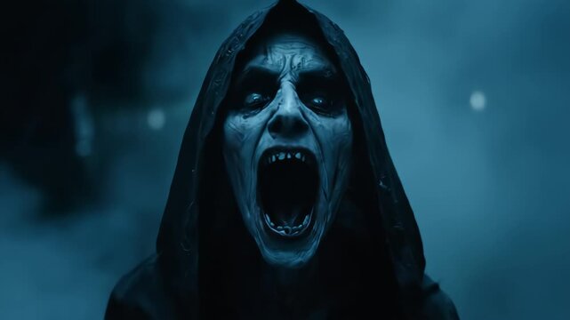 Terrifying monster screaming in a dark, foggy night.