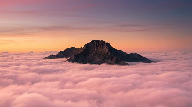 mount olympus above the clouds, golden hour and covered with pink clouds timelapse