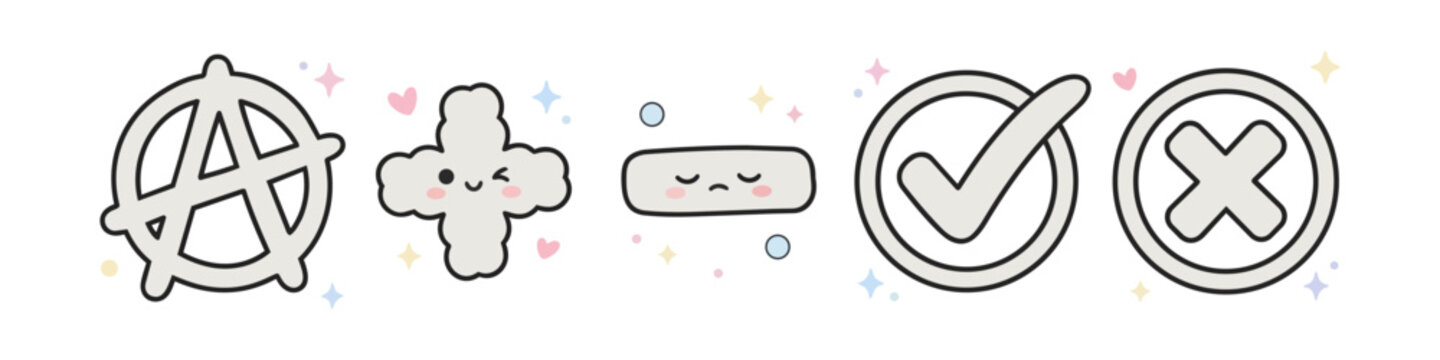 Kawaii character symbols and check icons set featuring anarchy symbol, mathematical signs, and check marks