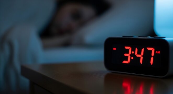 Digital Alarm Clock Shows 3:47 AM Next to Sleeping Person in Dark Room.