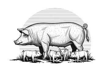 Vintage Woodcut Style Illustration of a Mother Pig with Piglets, Farm Livestock Engraving © Desti
