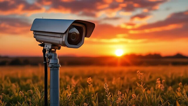Security camera in a field at sunset, symbolizing vigilance and outdoor safety.