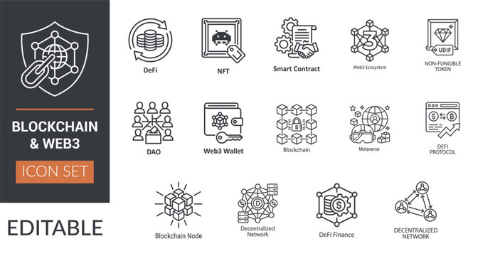 Blockchain and Web3 Line Icons Set &ndash; DeFi, NFT, Smart Contract, DAO, Metaverse Editable Stroke Vector Collection