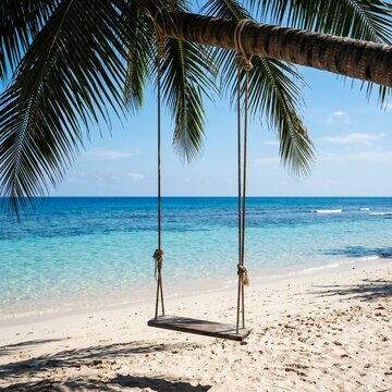 Tropical beach swing hanging from palm tree over turquoise ocean with white sand shore under clear blue sky