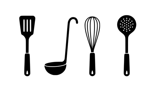 Kitchen utensils silhouette set &ndash; spatula, ladle, whisk and spoon vector