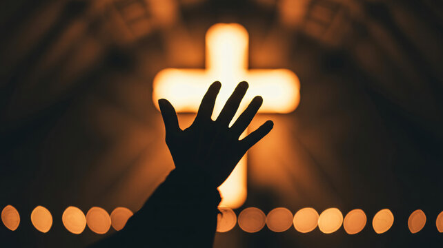 A silhouette of a hand reaching towards a glowing cross in a dark room