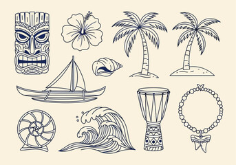 Hawaiian Tropical Tiki Culture Line Art Icons - Polynesian Symbols Including Palm Trees, Ocean Wave, Hibiscus, and Tiki Mask Vector Set © Desti