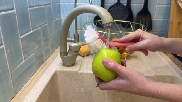 A vegan child practices kitchen hygiene, diligently brushing garden-fresh apples under running water in a sunny, domestic setting.