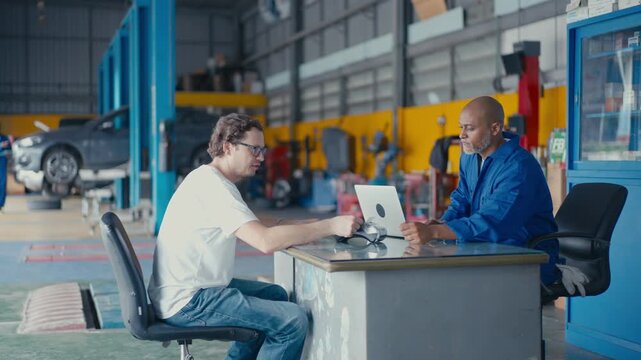 Car Repair Shop Service Desk Consultation Between Mechanic and Customer in Garage, Auto Repair Workshop Business Discussion at Desk, Vehicle Service Center Garage Interior Repair Service