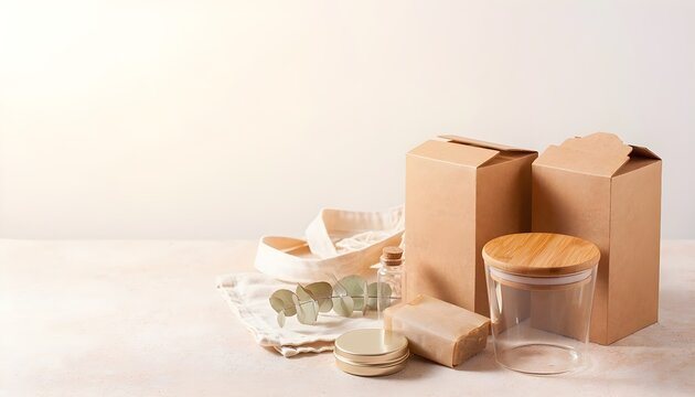 Eco-friendly zero-waste product display featuring reusable glass jar, natural soap, and sustainable cardboard packaging. Promoting a conscious and greener lifestyle