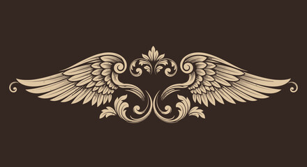 Fototapeta premium Elegant Ornate Vintage Wings Emblem with Flourish on Dark Brown Background