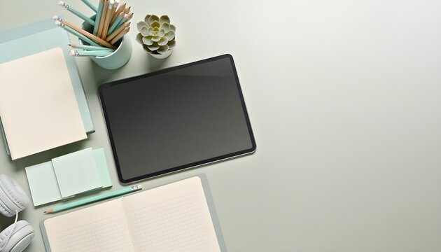 Modern minimalist workspace with a blank digital tablet, notebooks, and office essentials on a light green desktop, viewed from above, ideal for business, study, and creative productivity concepts