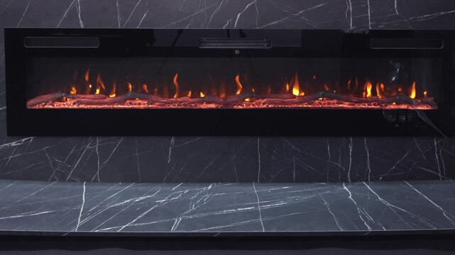Realistic Logs Wood Burning Built in Wide Electric Fireplace Dark Home Interior