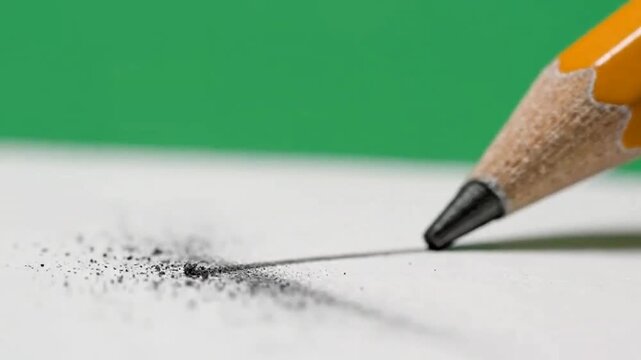 Close up of a pencil tip drawing on white paper with green background.