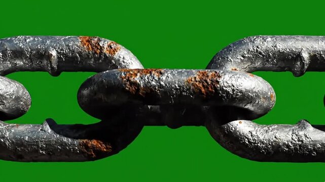 Close up of a rusty metal chain on a green background.