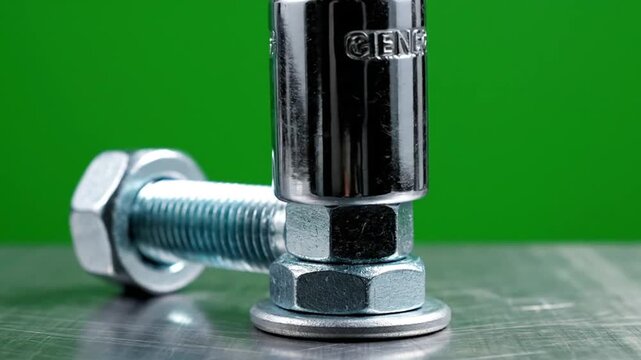 Close up of a socket wrench turning a bolt and nut on a metal surface.
