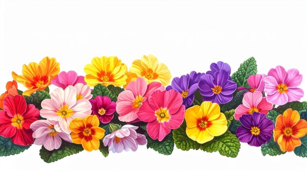 Assorted Vivid Colorful Primrose Flowers on White Background with Green Leaves