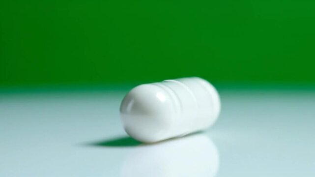 Single White Pharmaceutical Capsule on Reflective Surface with Green Background.