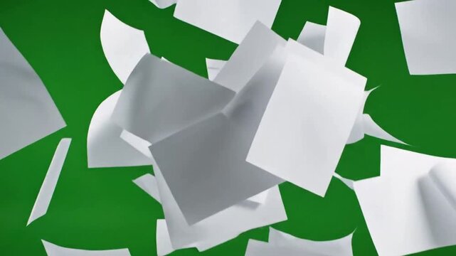 White papers falling and swirling against a vibrant green background.