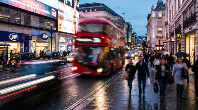 People walk on a wet city street at dusk with a red double-decker bus and moving cars