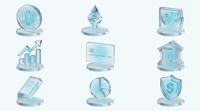 3D Glass Finance Cryptocurrency Icon Set &mdash; Frosted Glassmorphism Bitcoin Wallet Bank Chart Icons Isolated White Background