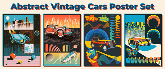 Retro Cars, Zeppelin, Cities Abstract Retro Future Style Posters. 1980s Color Combinations, 3D Effect Shapes, Perspective Grids © koyash07