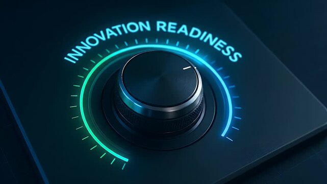 Innovation readiness dial knob technology future progress concept blue glowing light business strategy digital gauge level with blue green neon glow symbolizes technology progress and business growth