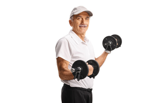 Active elderly man lifting dumbbells